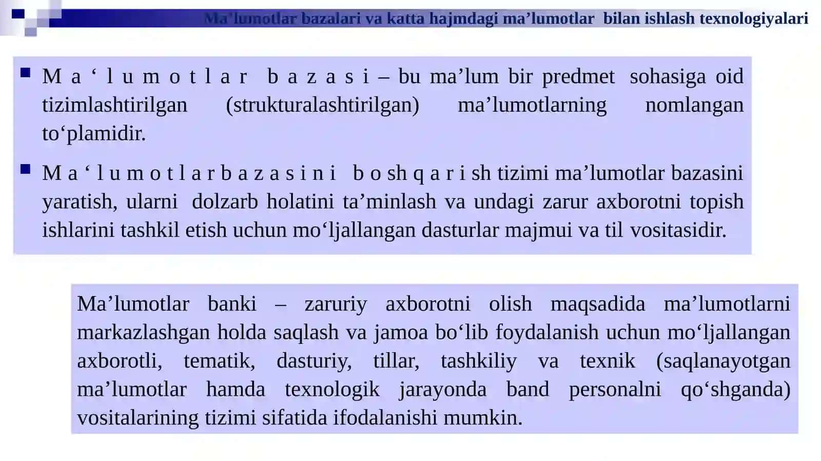 Ma’lumotlar bazalari va katta hajmdagi ma’lumotlar  bilan ishlash texnologiyalari 4