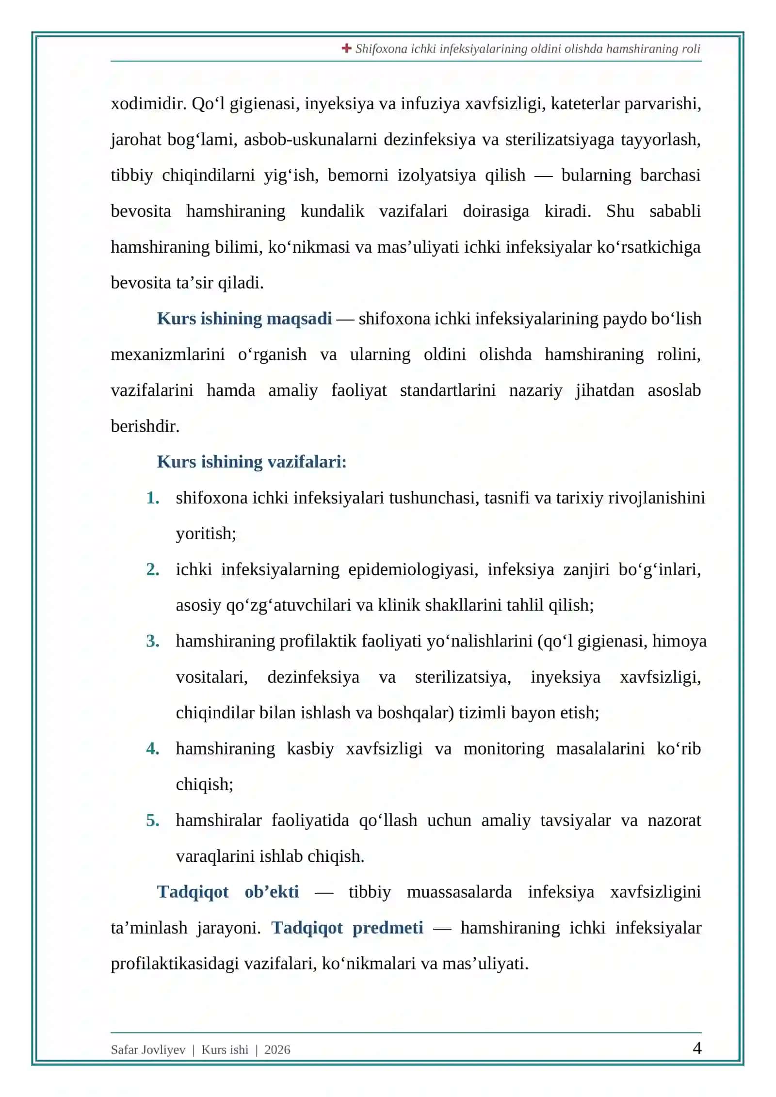 “SHIFOXONA ICHKI INFEKSIYALARINING OLDINI OLISHDA HAMSHIRANING ROLI” 4