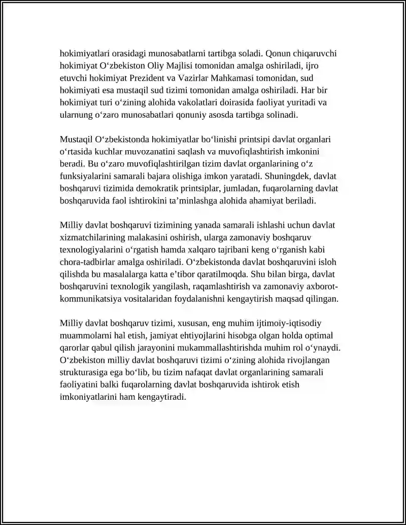 MILLIY DAVLAT BOSHQARUV TIZIMI. MUSTAQIL OʻZBEKISTONDA HOKIMYATLAR BOʻLINISHI PRINSIPI 4
