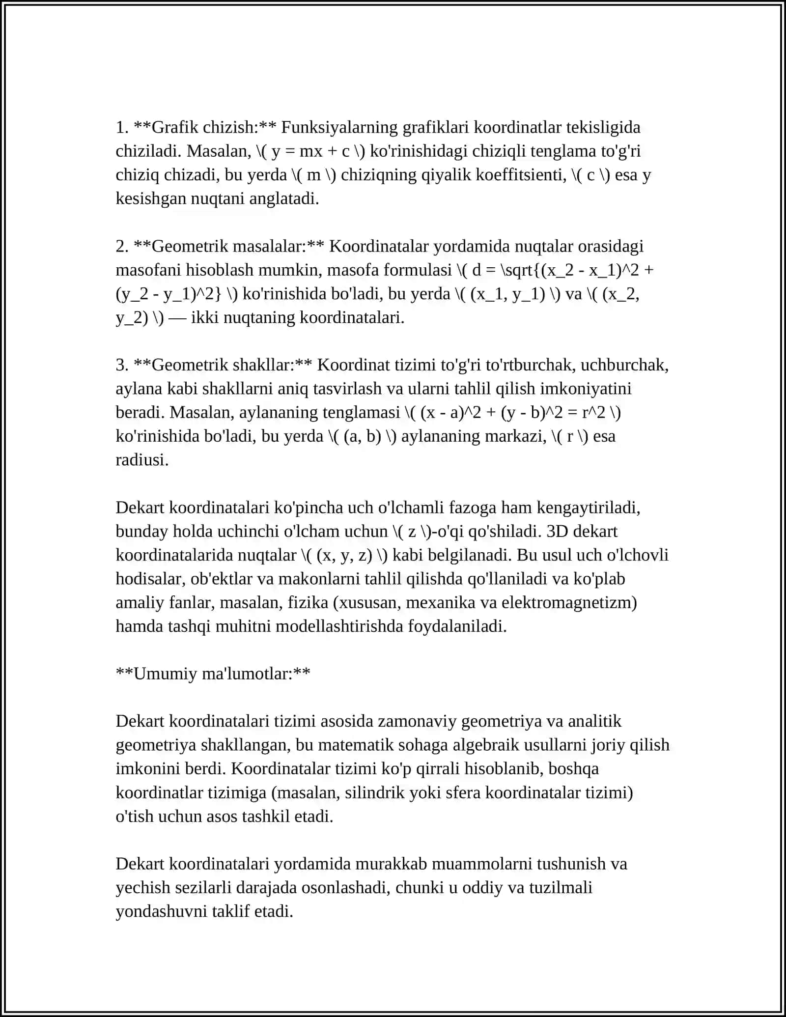 DEKART VA QUTB KOORDINATALARI ORASIDAGI BOĞLANISH. KOORDINATALARI ALMASHTIRISH. SILINDIRIK VA SKERIK KOORDINATALAR 4