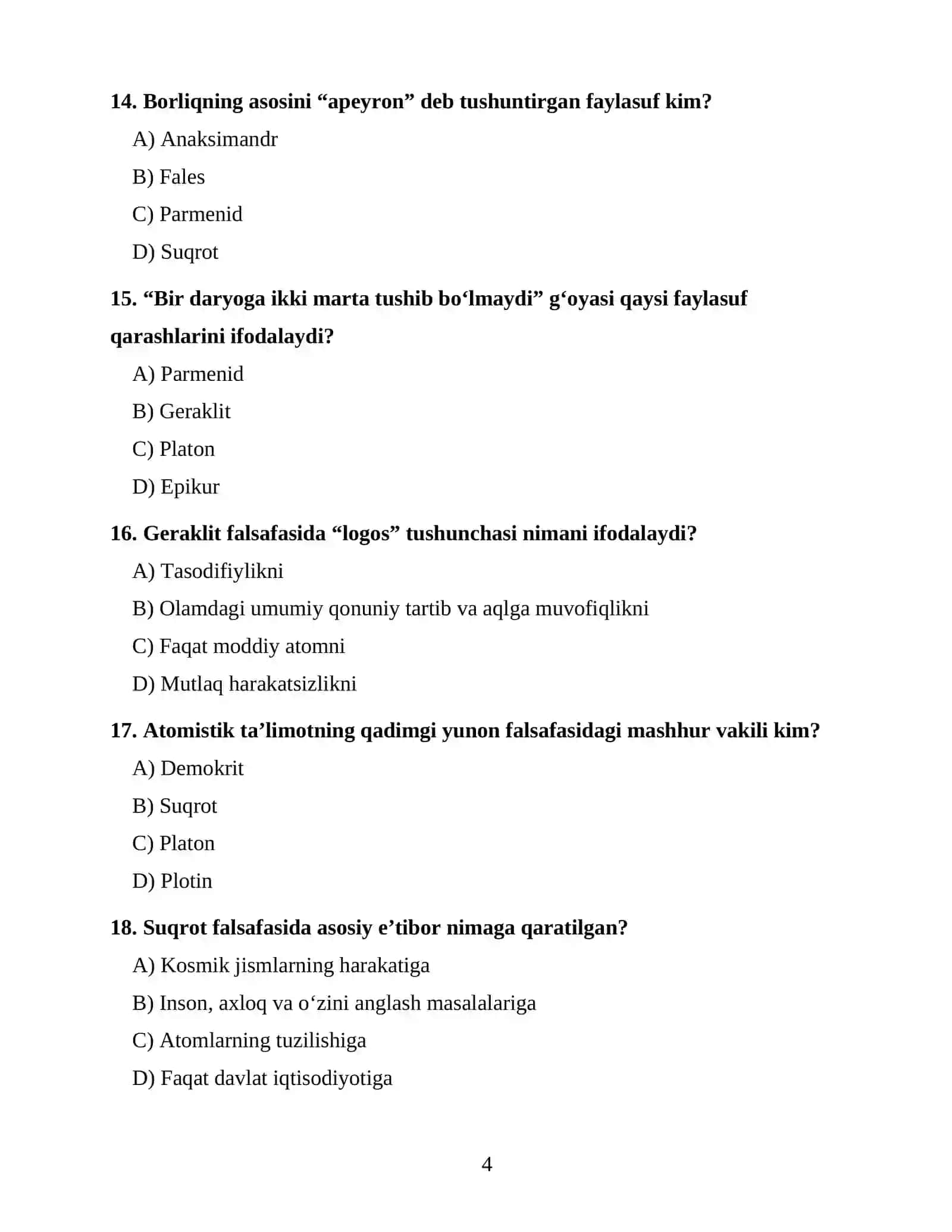 FALSAFA FANIDAN 100 TA TEST SAVOLI 4