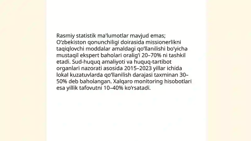 Missionerlik va prolezitizmning Õzbekistonda faoliyat kòrsatishiga taqiqlovchi qonuniy sabablar va oqibatlari (foizi) 4