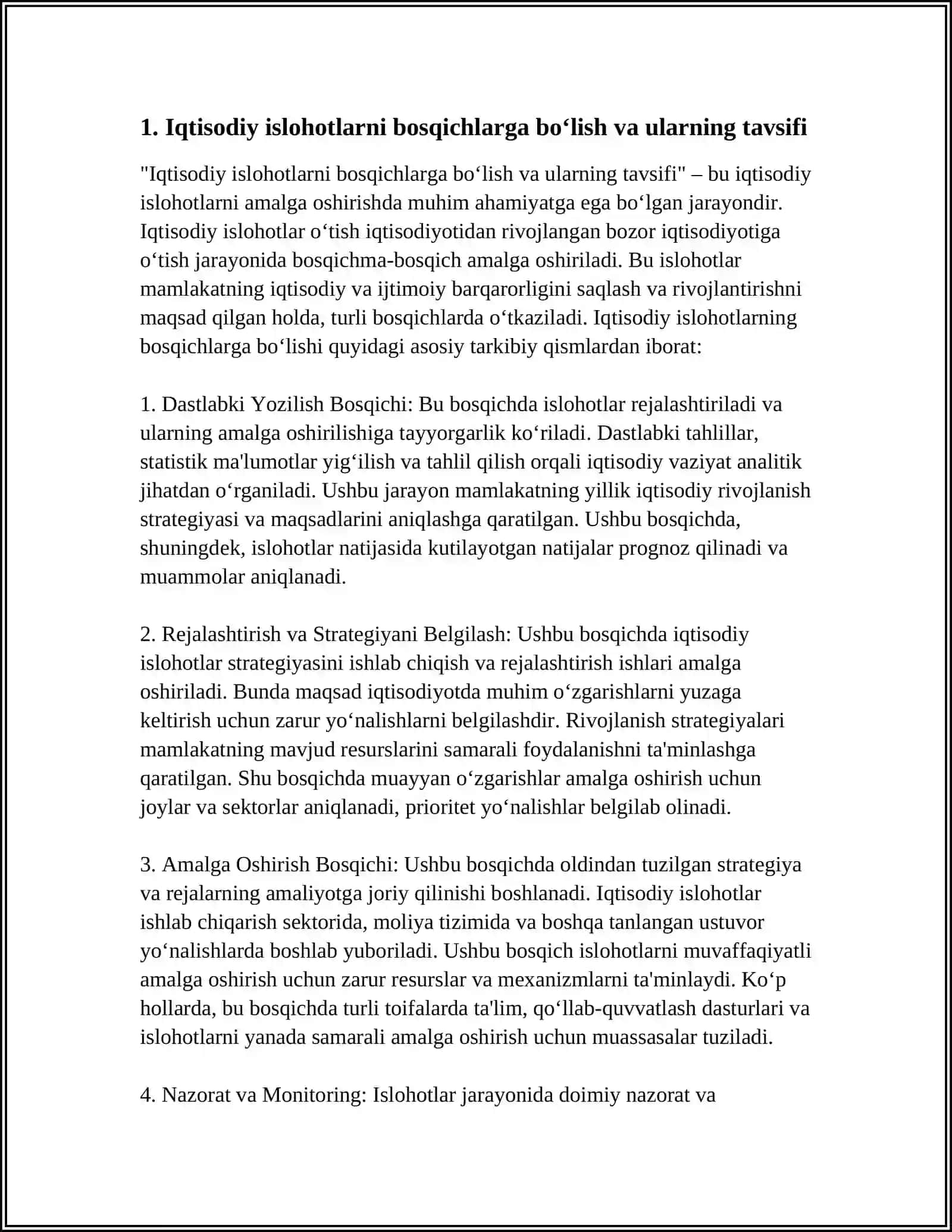 IQTISODIY ISLOHOTLARNING AMALGA OSHIRISH BOSQICHLARI,ULARNING MAQSADI,VAZIFALARI VA USTUVOR YO’NALISHLARI 4