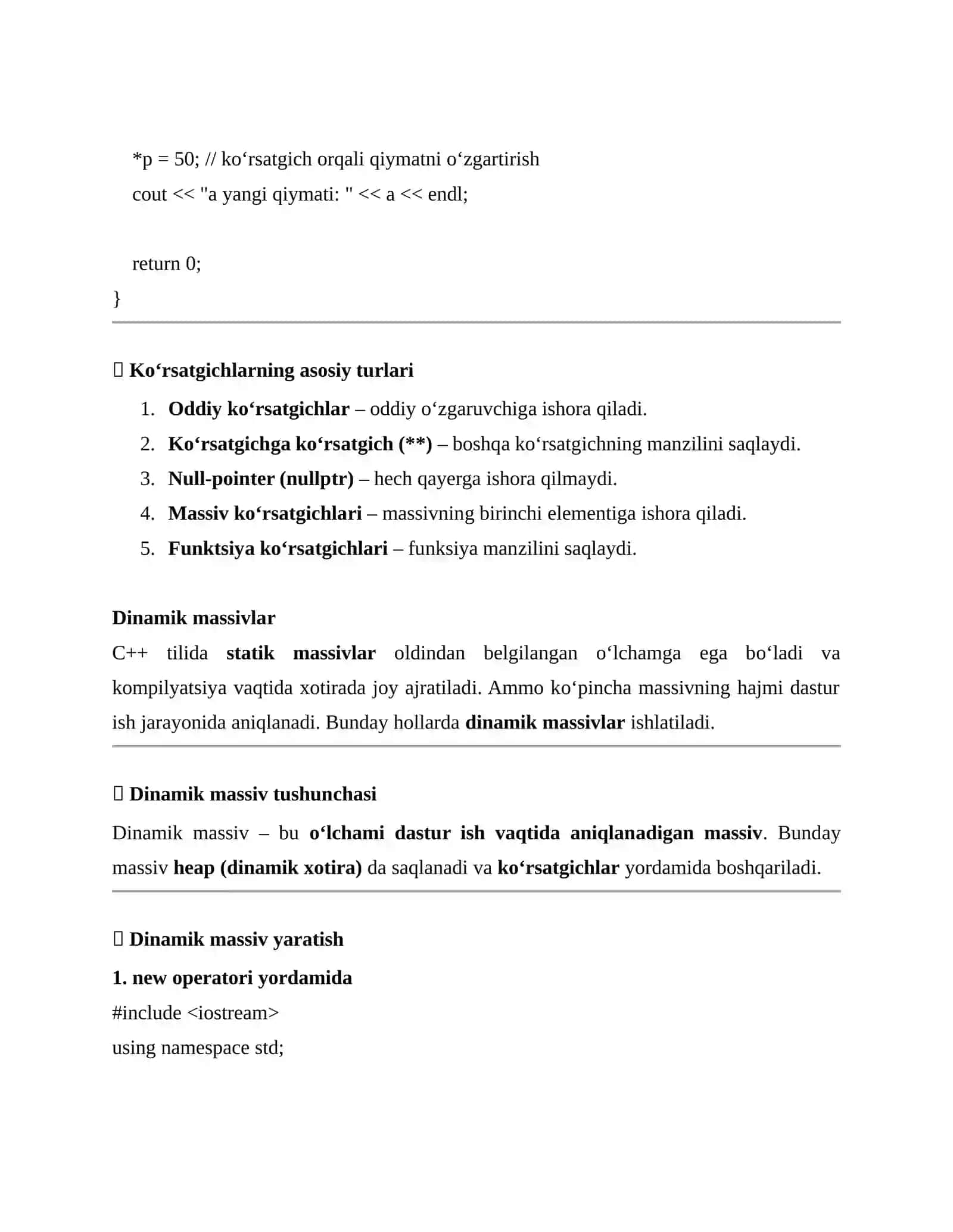 Dinamik xotira bilan ishlash. Ko‘rsatgichlar tushuncha. Dinamik massivlar. Xotirani taqsimlovchi funksiyalar 4