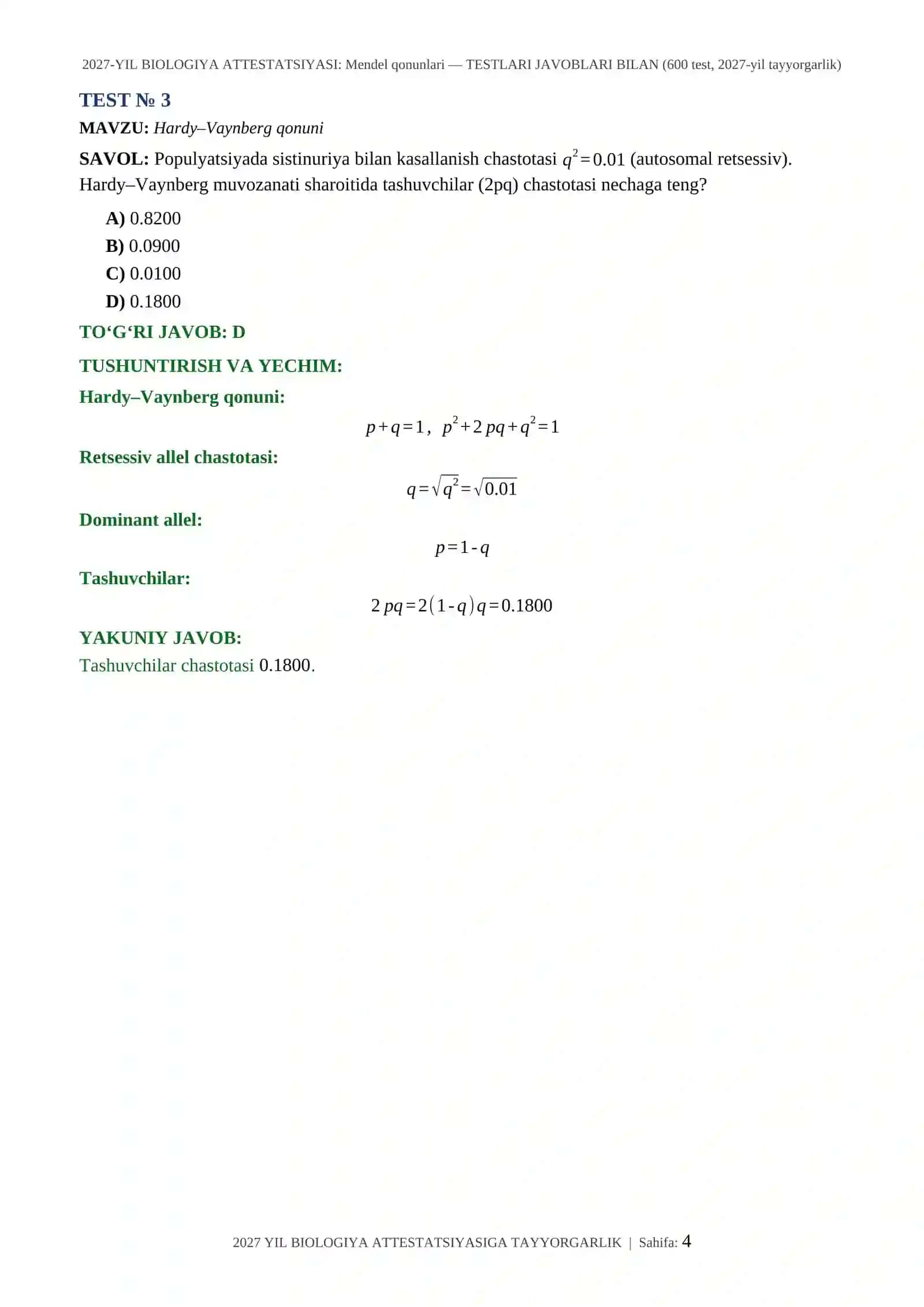 2027-YIL BIOLOGIYA ATTESTATSIYASI: Mendel qonunlari — TESTLARI JAVOBLARI BILAN (600 test, 2027-yil tayyorgarlik) 4