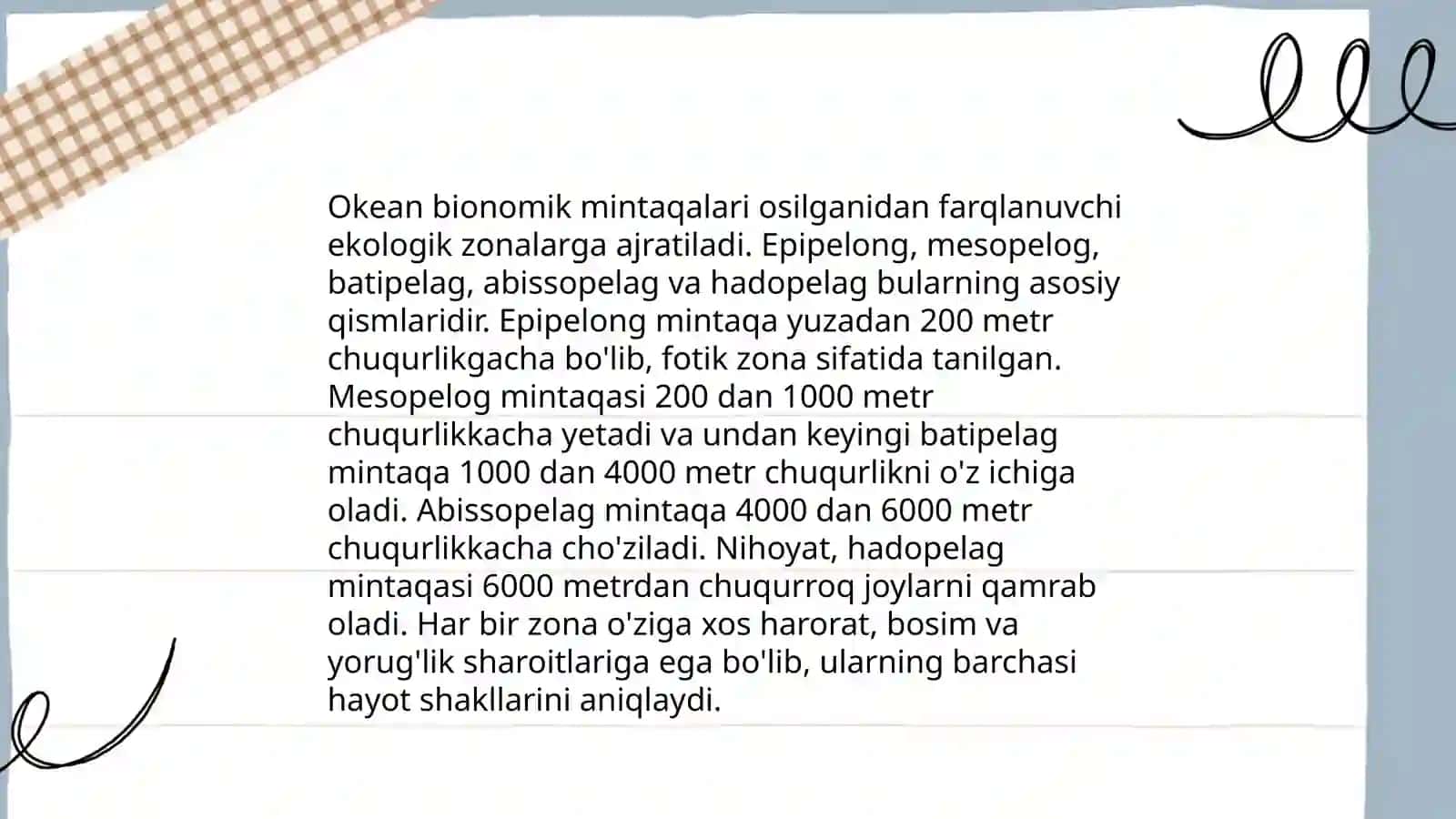 Dengiz va okeanlaming bionomik mintaqalari, quruqlikda o'simlik va hayvonlarni yashash sharoitlari 4