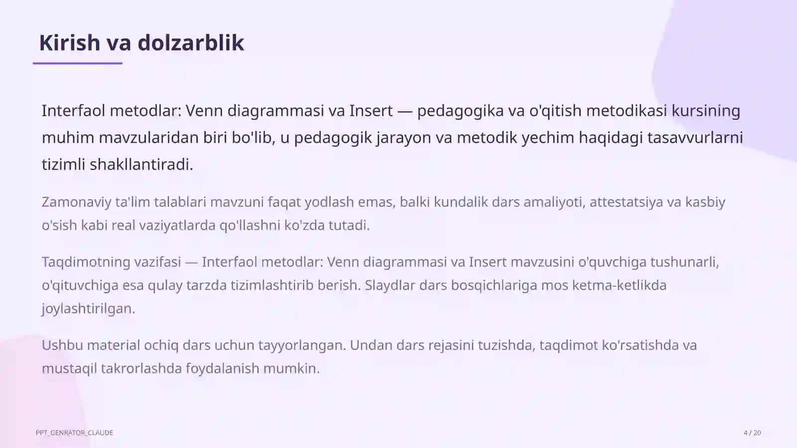 Interfaol metodlar: Venn diagrammasi va Insert 4