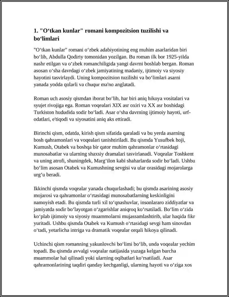 OʻTKAN KUNLAR ROMANI TAHLILI KOMPOZITSIYA VA UNING UNSURLARI 4