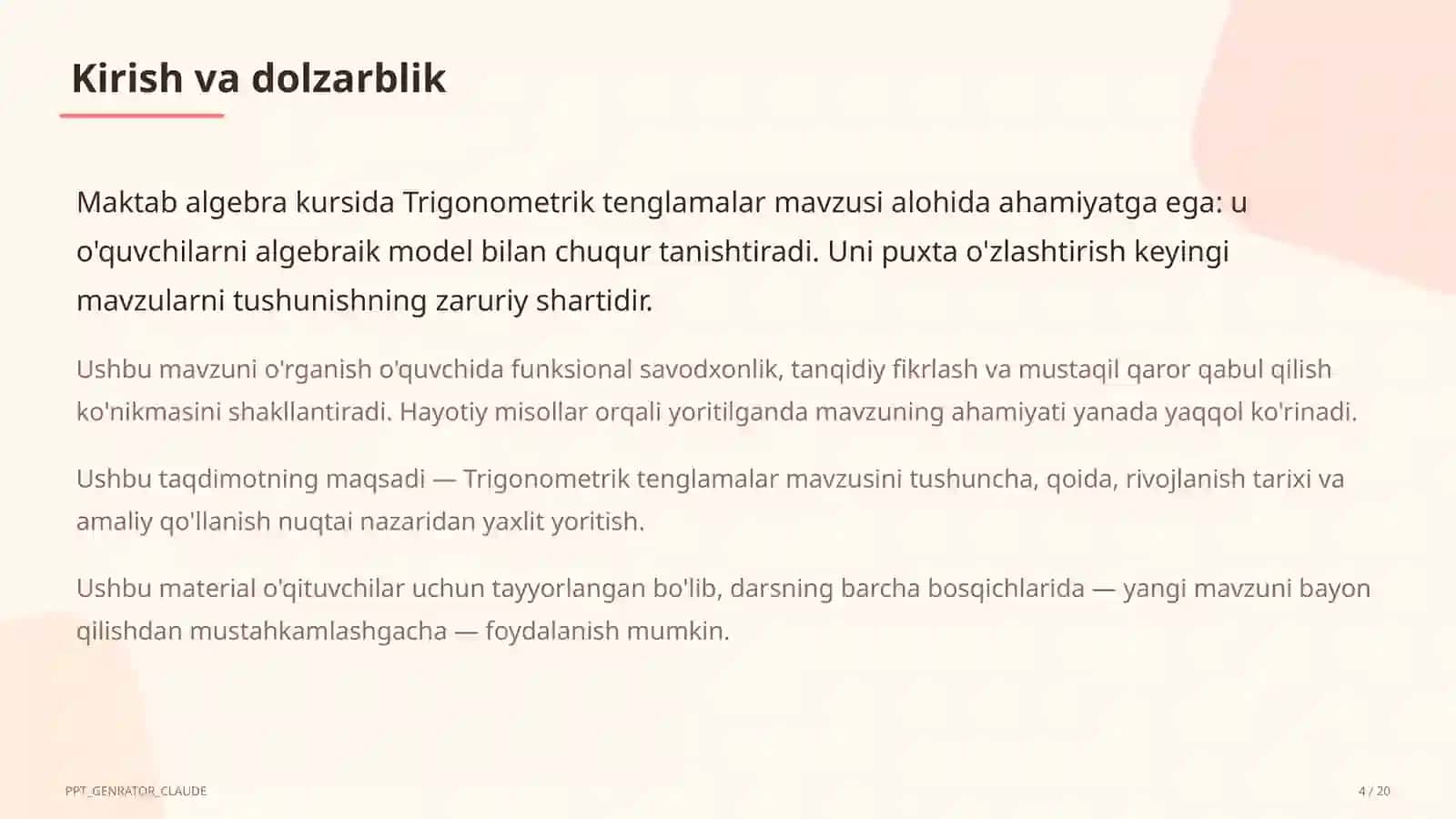 Trigonometrik tenglamalar (10-sinf) 4