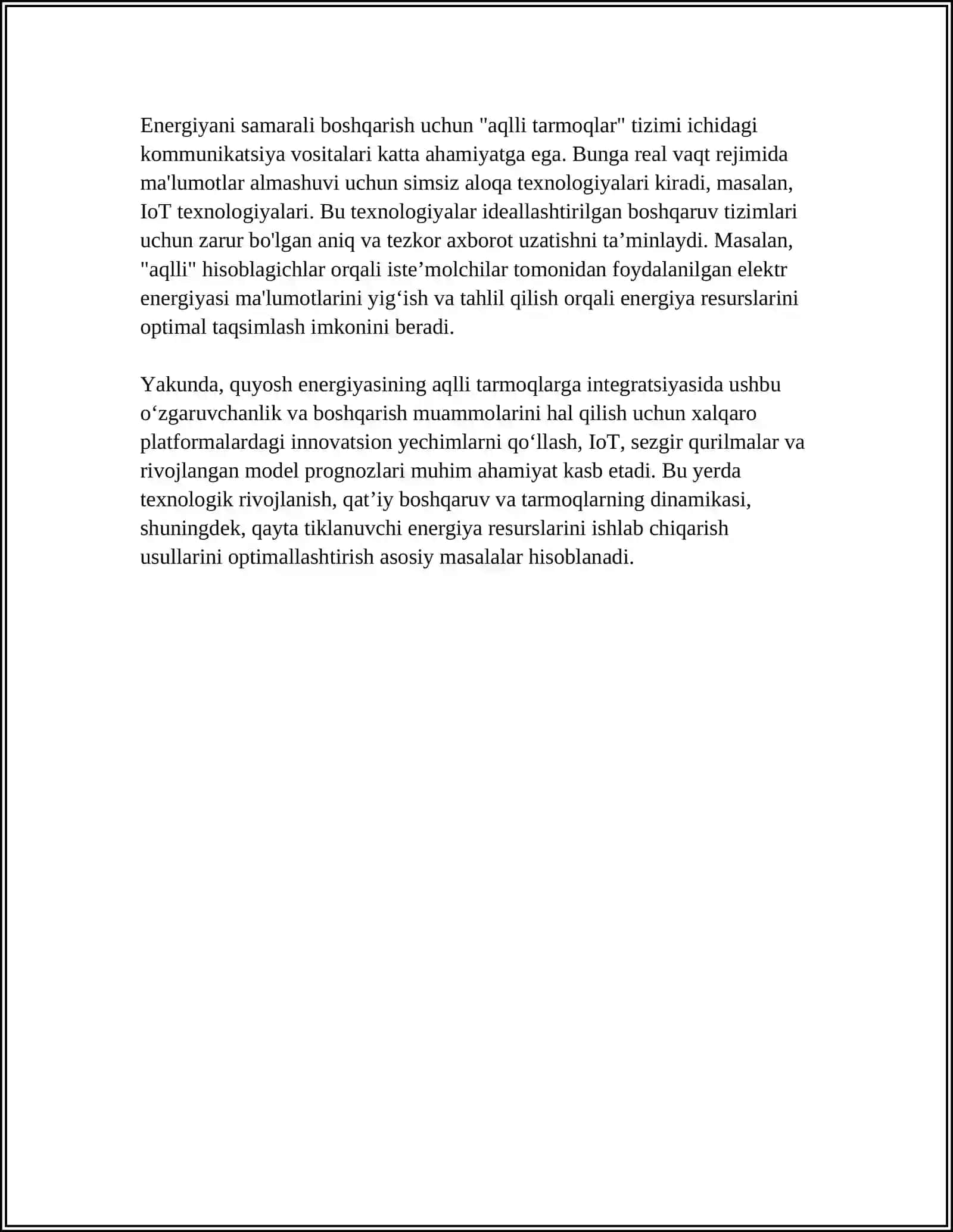 “AQLLI TARMOQLAR” (SMART GRID) TIZIMLARIDA MUQOBIL ENERGIYA MANBALARINI INTEGRATSIYALASH MUAMMOLARI VA YECHIMLARI 4