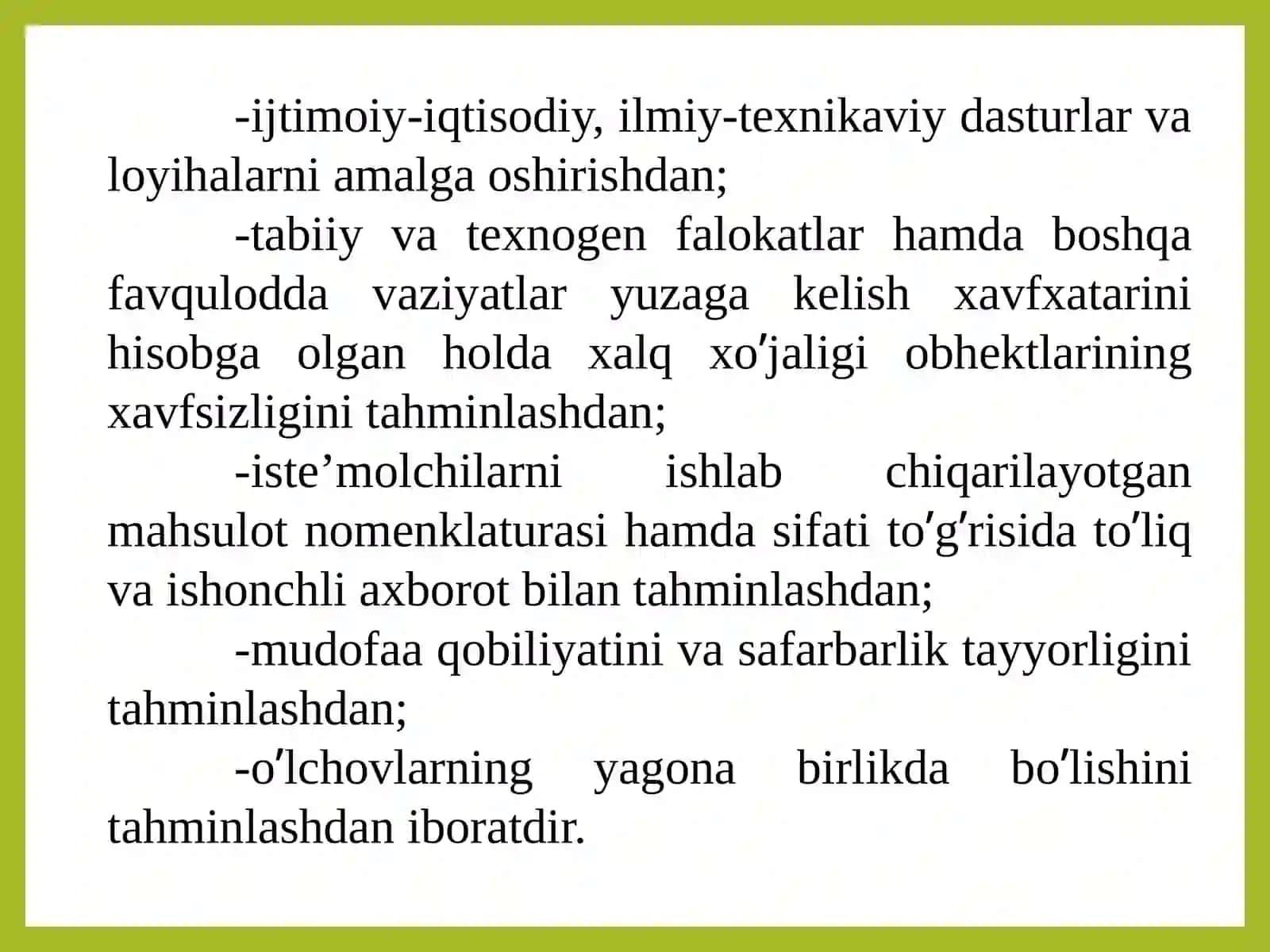 O‘ZBEKISTON RESPUBLIKASINING«STANDARTLASHTIRISH TO‘G‘RISIDA»GI QONUNI 4