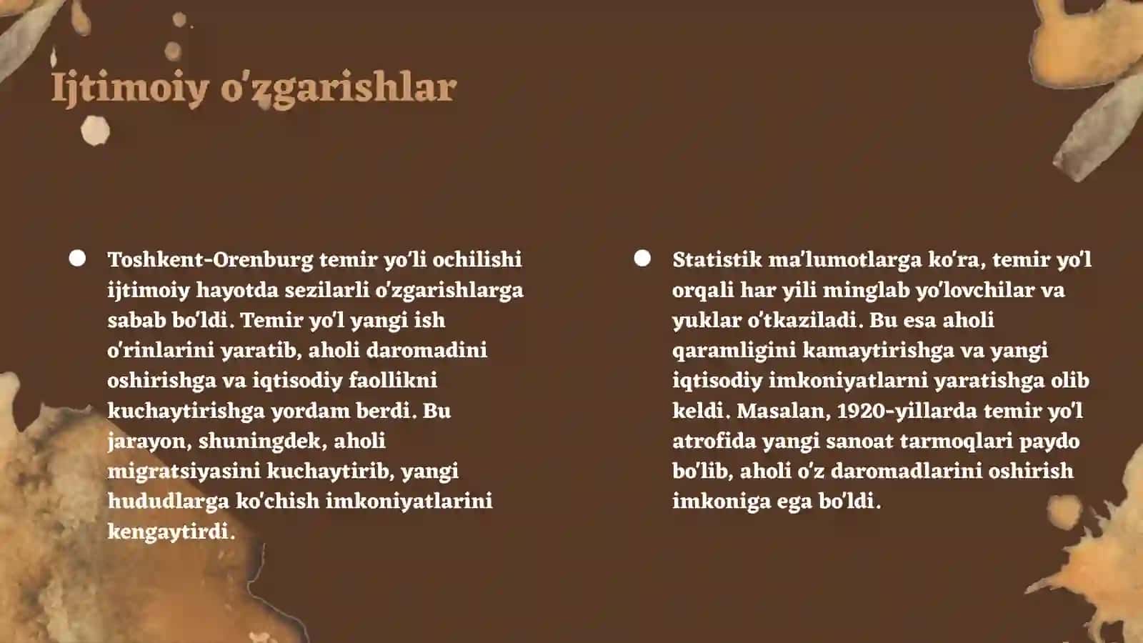 Toshkent Orenburg temir yoʻli va uning Turkiston iqtisodiy ishtimoiy hayotida tutgan oʻrni 4