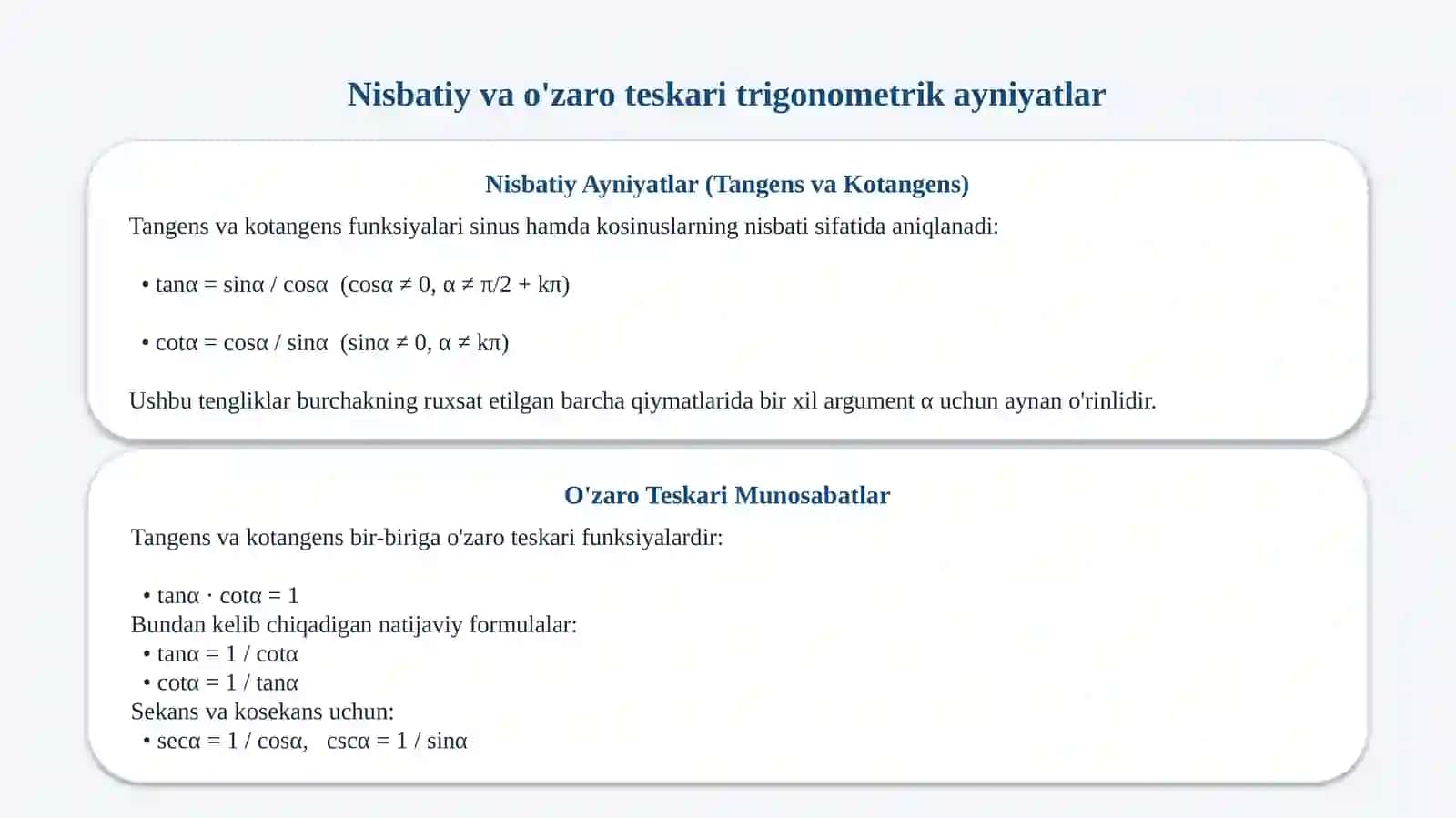 Bir xil argumentli trigonometrik tunksiyalar va qo'shish teoremalari 4