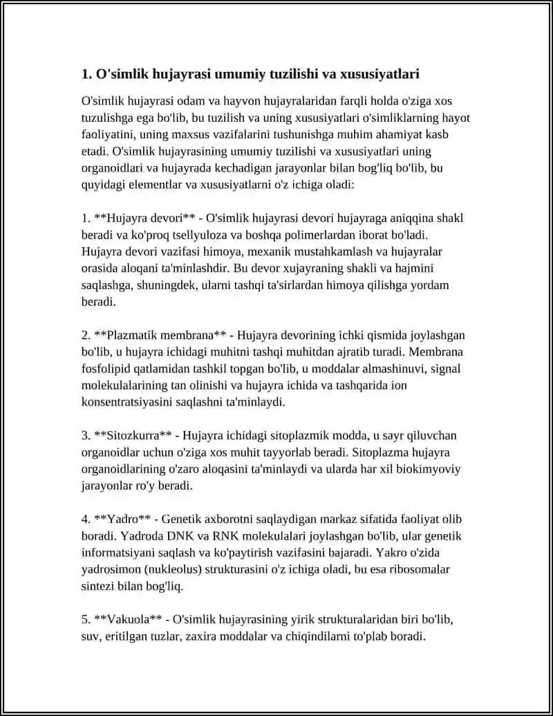 O'SIMLIK HUJAYRASI, ORGANOIDLARNING TUZILISHI, BAJARADIGAN VAZIFALARI VA HUJAYRADA KECHADIGAN JARAYONLAR 4