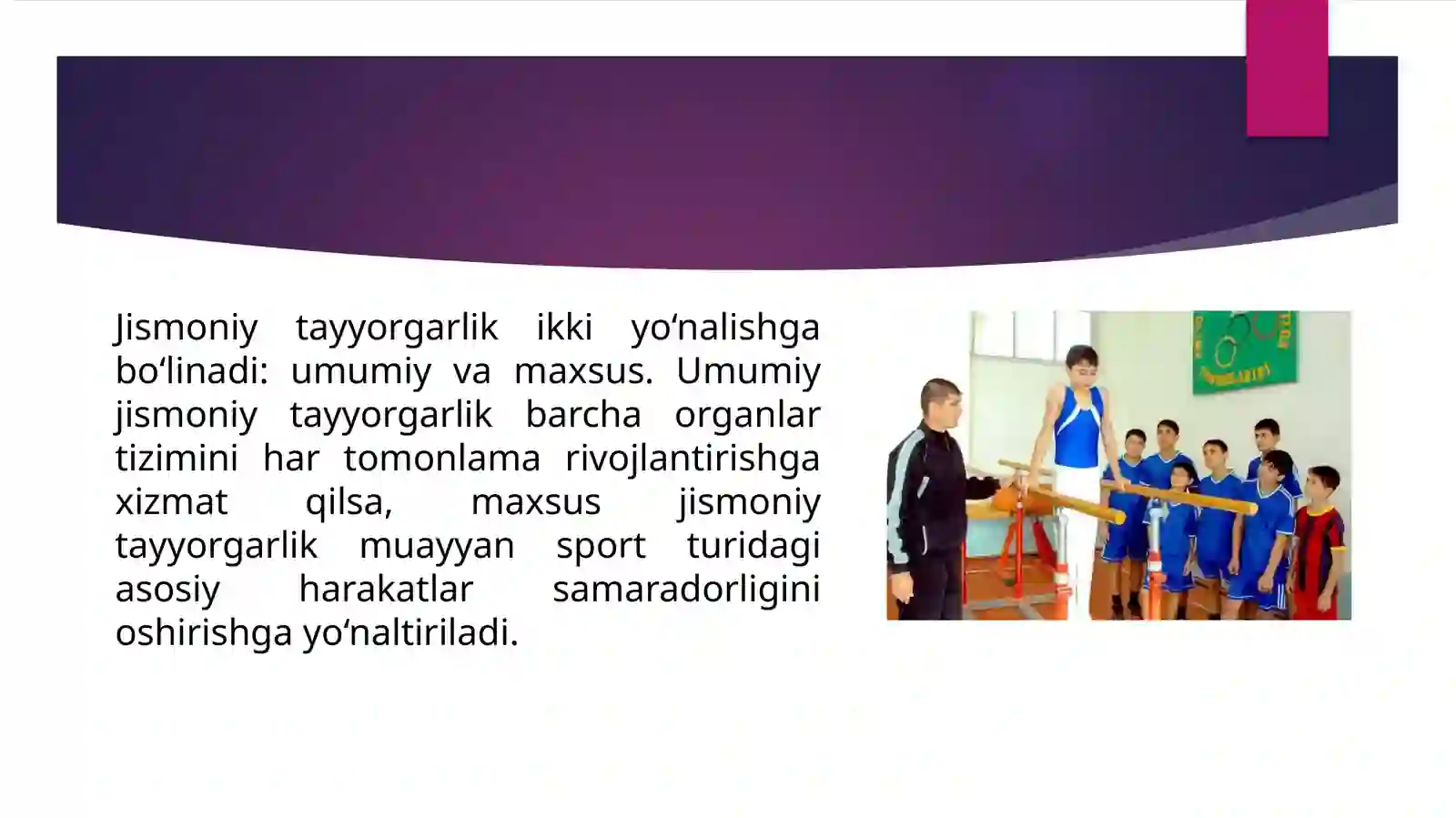 Sport mashg‘ulotlarining asosiy tomonlari mavzusida tayyorlagan 4
