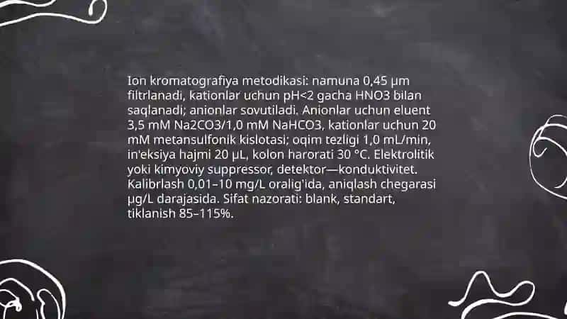 Tuproq va suvning ifloslanishida ion bog'lanishli birikmalarni aniqlab ulardan tozalash usulini ishlab chiqarish 4