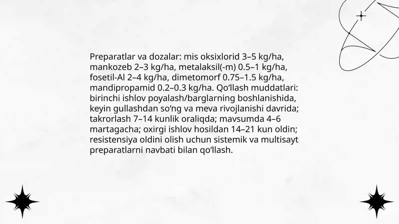 Oq changli mog‘orga (powdery mildew) qarshi kimyoviy preparatlar: qo‘llash meyori va muddatlari 4