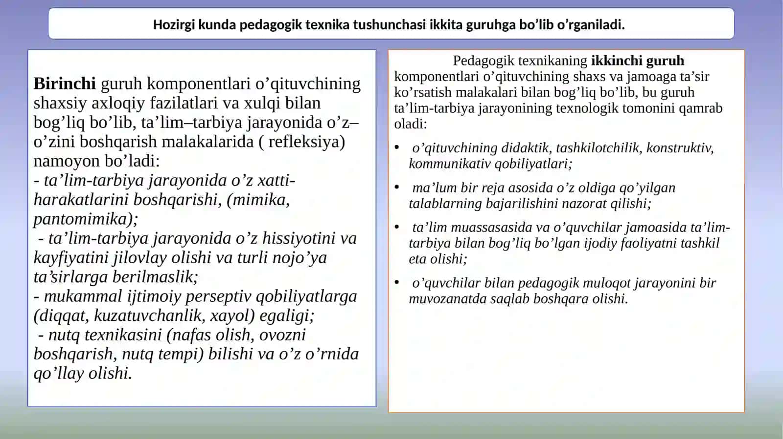 PEDAGOGIK TEXNIKA HAQIDA TUSHUNCHA. PEDAGOGIK TEXNIKANI SHAKLLANTIRISH METODIKASI 4