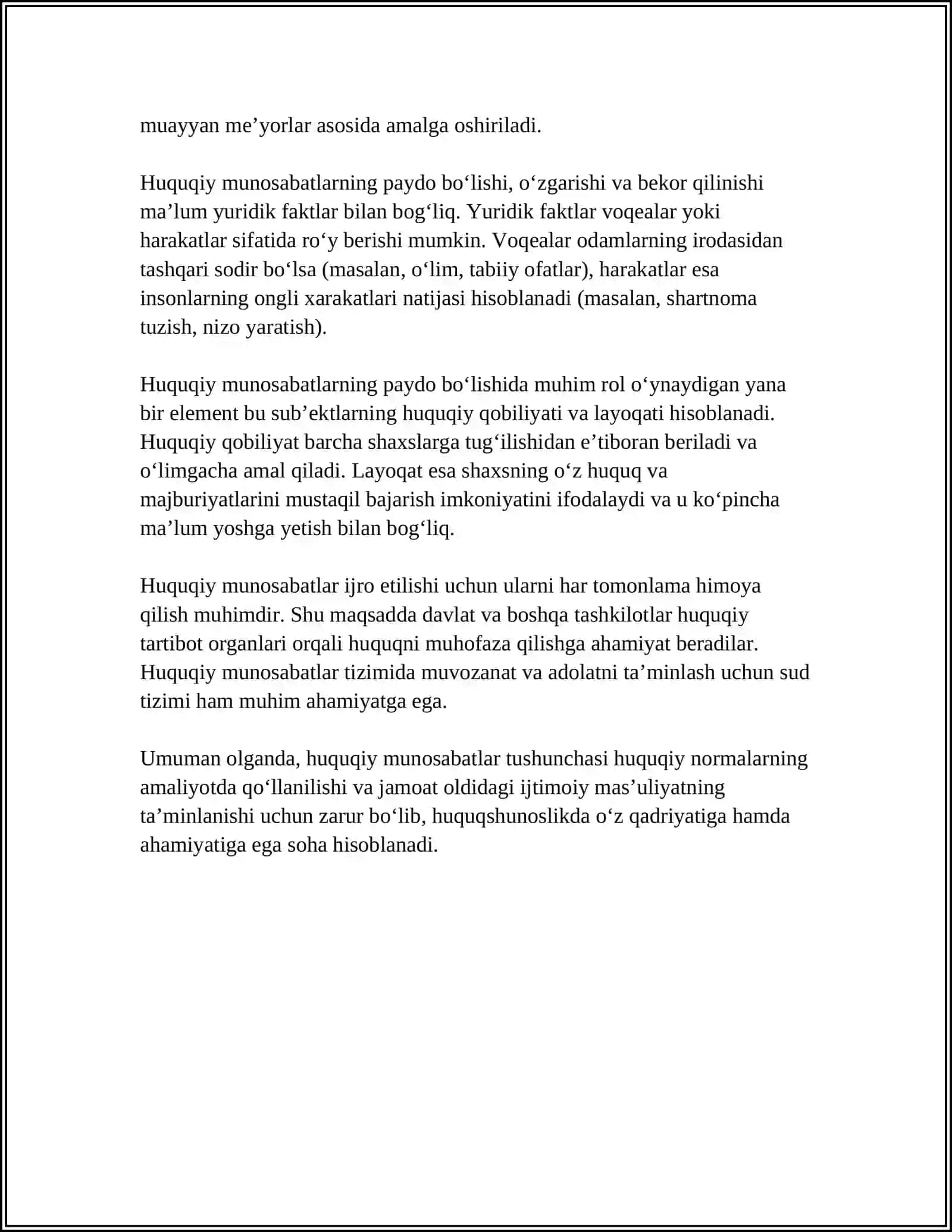HUQUQIY MUNOSABATLAR TUSHUNCHASI, BELGILARI VA TURLARI 4