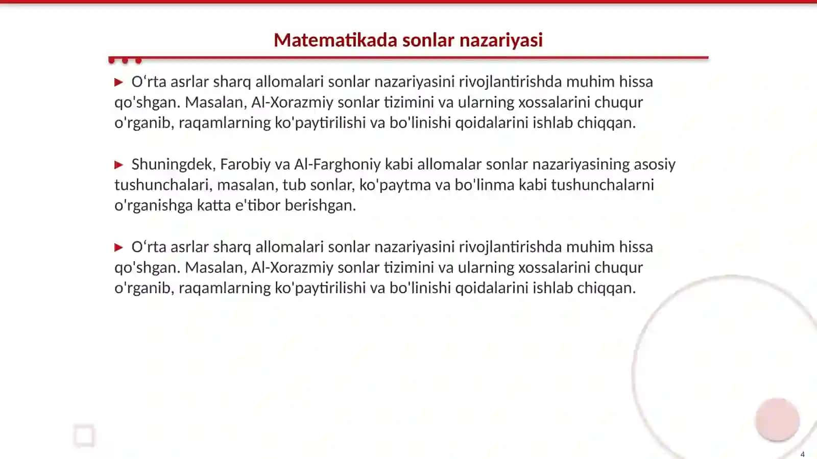 Oʻrta asrlar sharq allomalaring matematikaga qoʻshgan xissalari 4