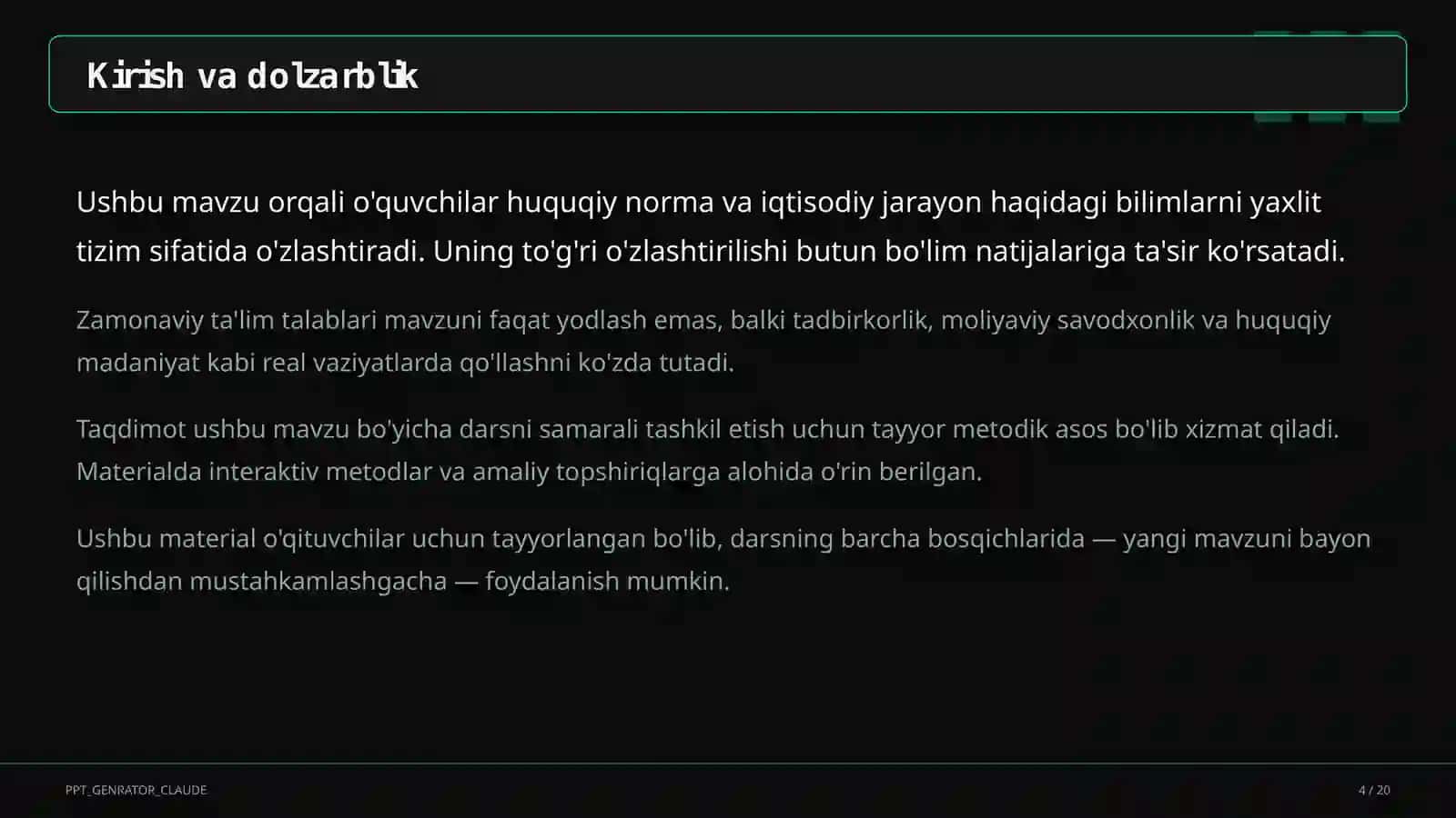 Huquq va iqtisodiyot asoslari (9–11) — o'qituvchilar uchun 4