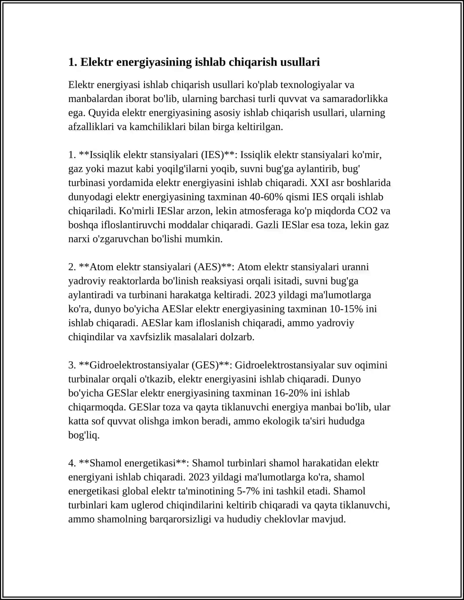 ELEKT ENERGIYASINING ISHLAB CHIQARILISHI, UZATILISHI VA ISTE'MOLI OʻRTASIDAGI BOGʻLIQLIK 4