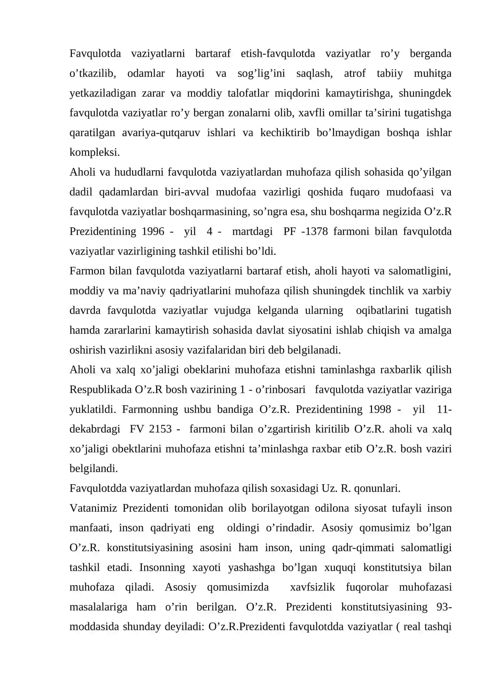 O`zabekiston Respublikasi Prizendintining va Vazirlar mahkamasining fuqaro muhofazasi to`g`risidagi qonun va farmonlari haqida ma’lumot 4