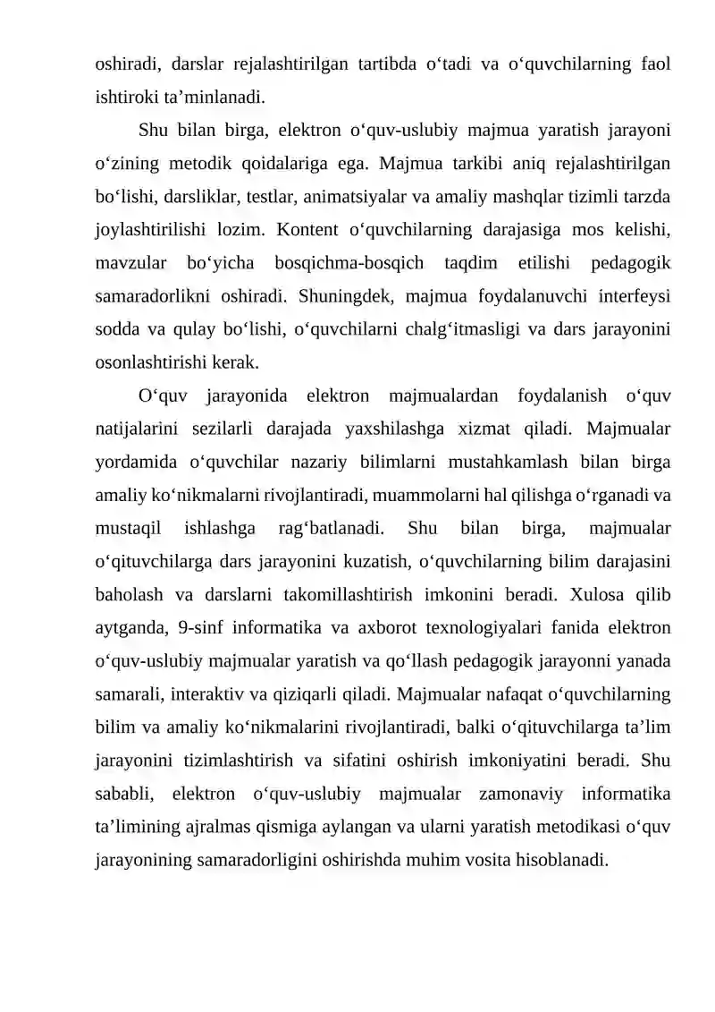 9-SINF INFORMATIKA VA AXBOROT TEXNOLOGIYALARI FANIDAN ELEKTRON O‘QUV-USLUBIY MAJMUA YARATISH METODIKASI 4