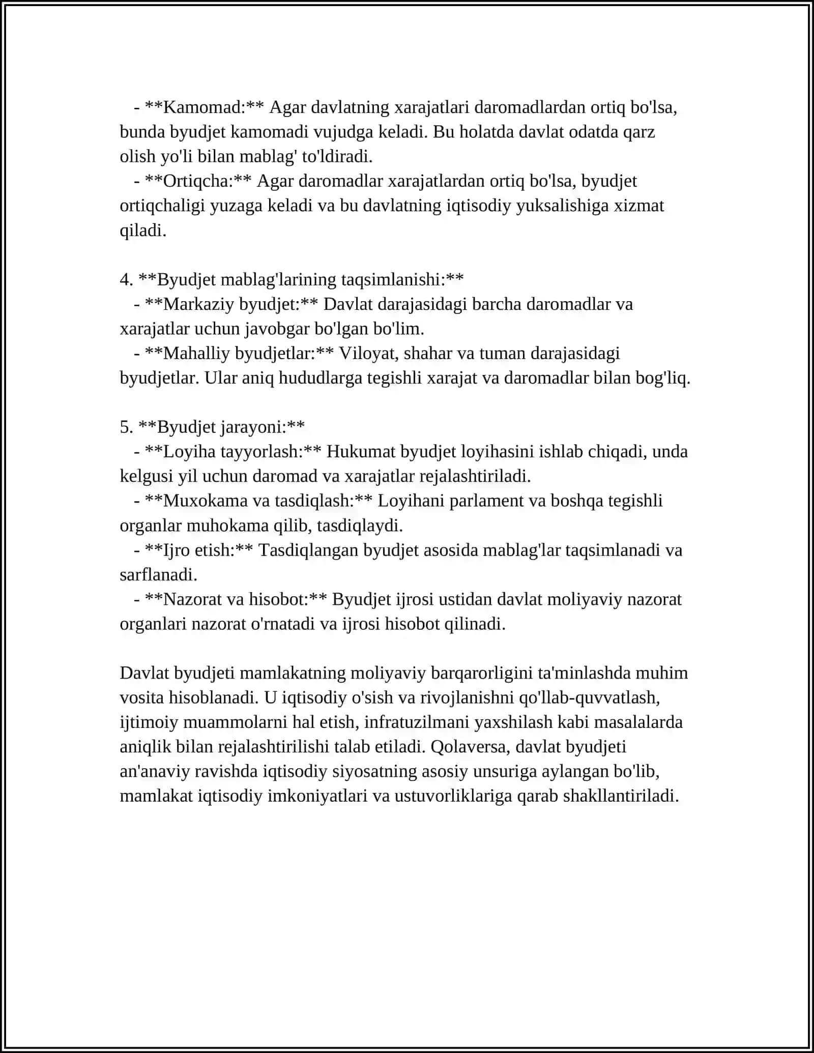 MUSTAQIL ISH: DAVLAT BYUDJETI HOLATI TAHLIL VA TUSHUNCHALARI 4