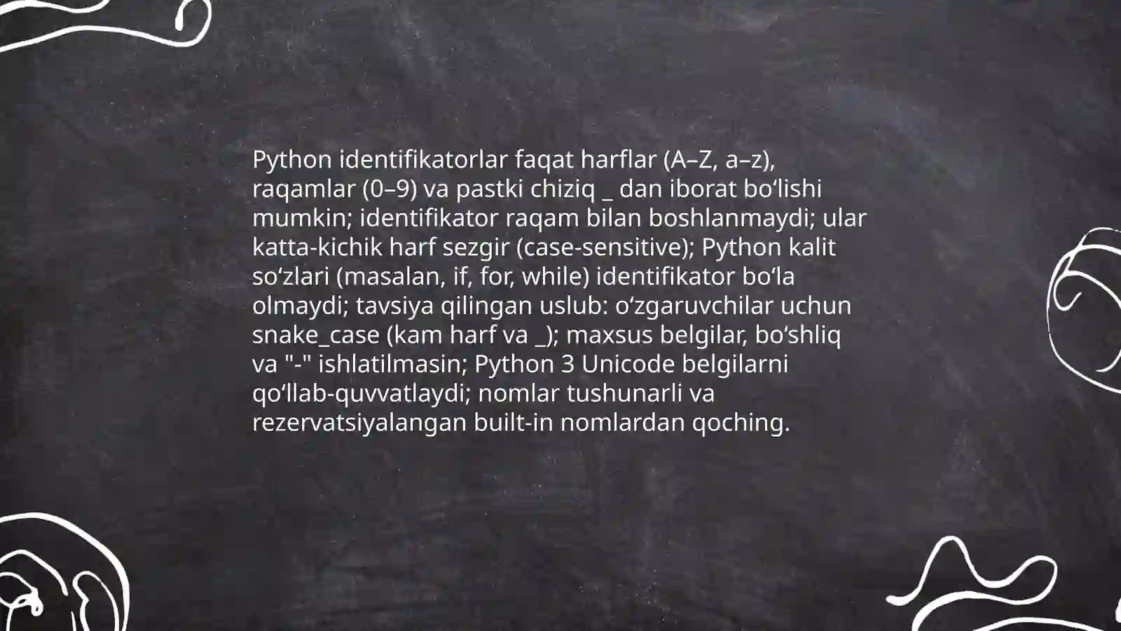 Python dasturlash tilining alifbosi,buyruqlar tizimi va operatorlari 4
