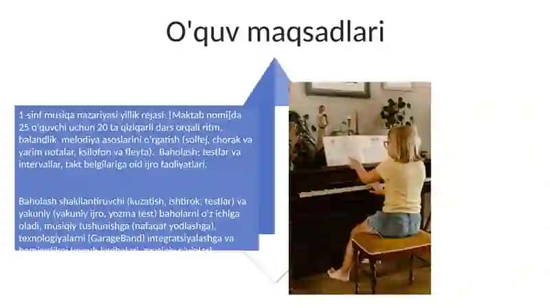 Musiqa nazariya fanidan,, 1-sinf uchun yillik dars ishlanmasi" taqdimoti 4