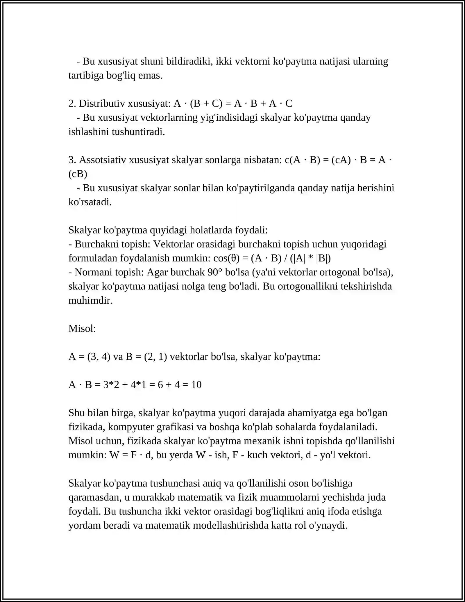 REFERAT VEKTORLARNING SKALYAR, VEKTOR ARALASH KOʻPAYTMALARINING FIZIK MAʼNOSIGA DOIR MASALALAR YECHISH VA TEOREMALARNI ISBOTLASH 4