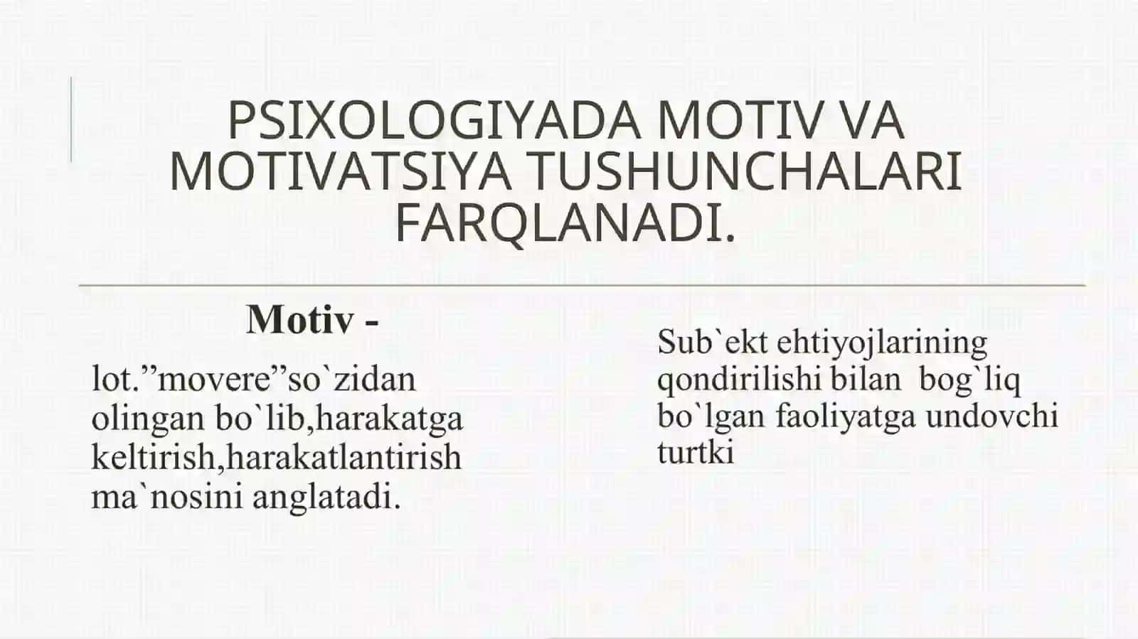 PSIXOLOGIYADA MOTIV VA MOTIVATSIYA TUSHUNCHALARI FARQLANADI 4