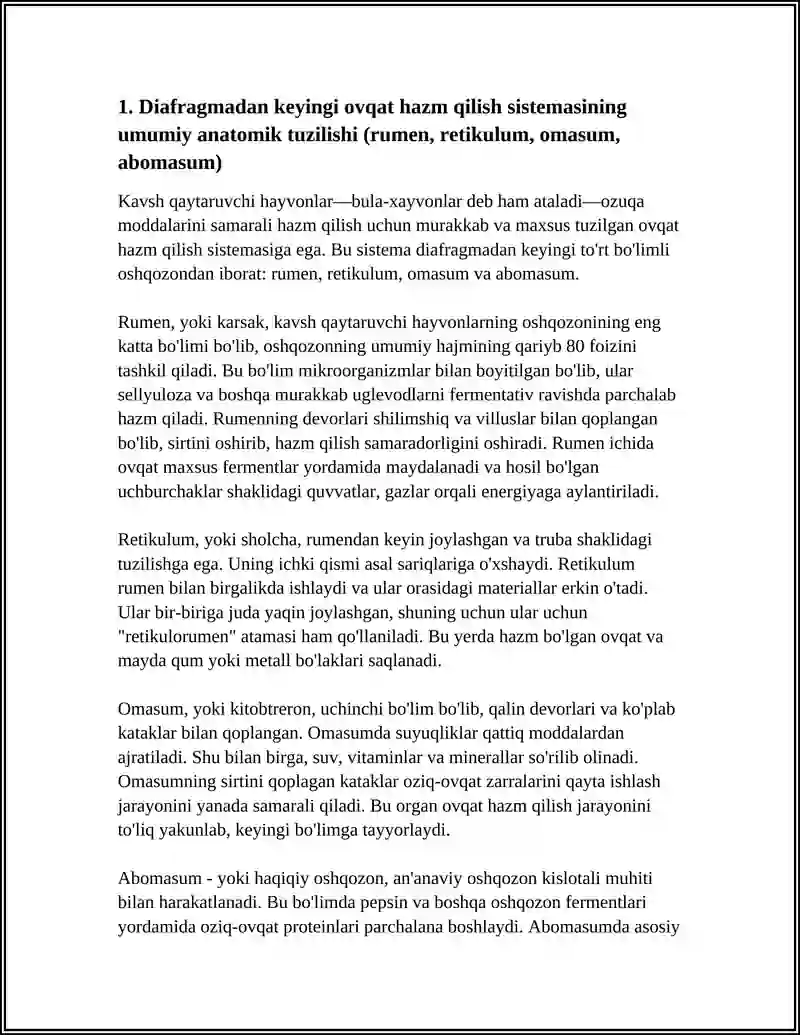 KAVSH QAYTARUVCHI HAYVONLARNING DIAFRAGMADAN KEYINGI OVQAT HAZM QILISH SISTEMASI 4