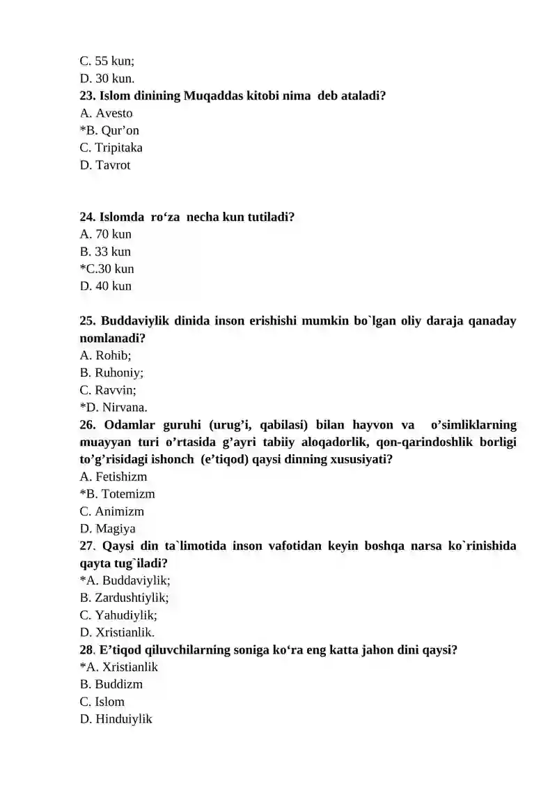 Dinshunoslik 100 ta test javoblari. 4