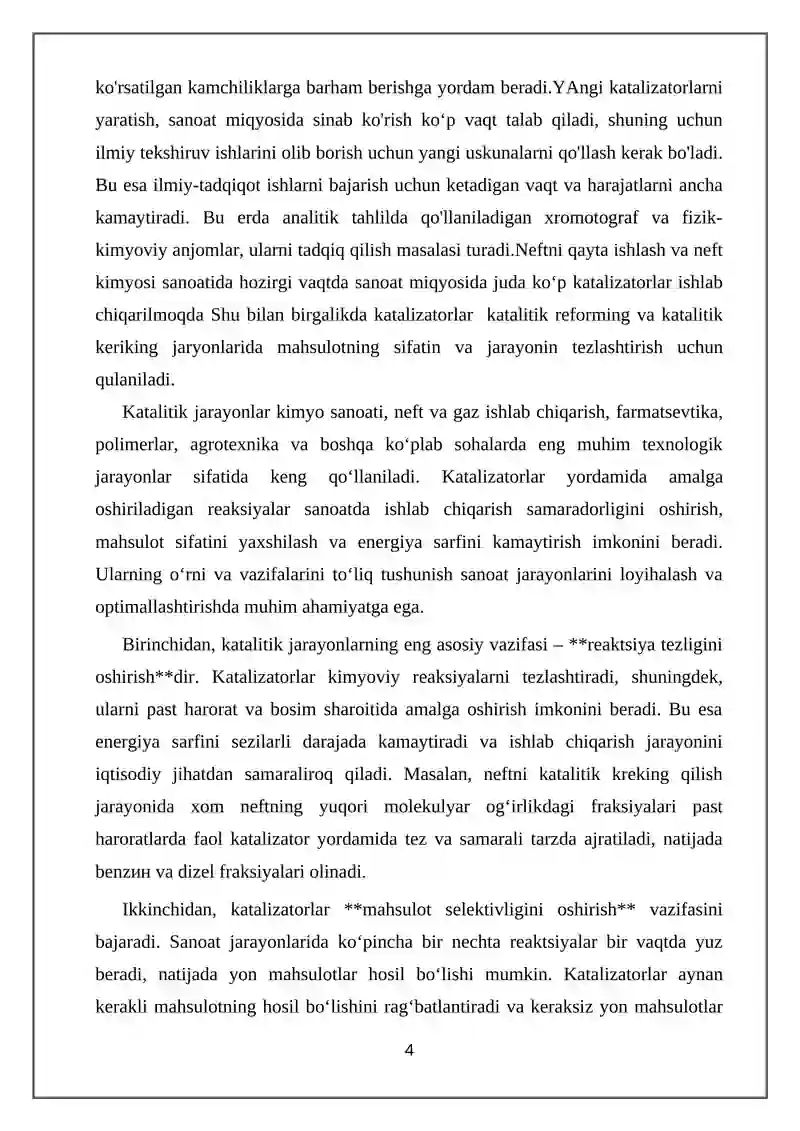 Neft-gazni qayta ishlash sanoatida ishlatiladigan katalizatorlarning turlari, xossalari va tarkibi 4
