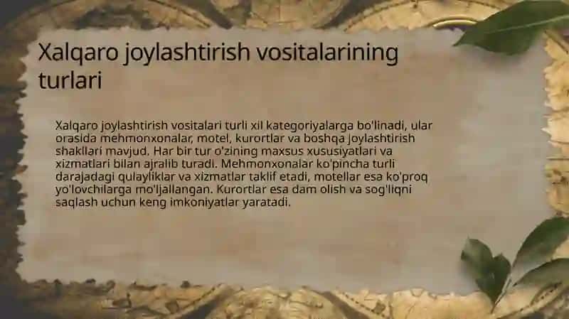 Turizmda Xalqaro joylashtirish vositalari klassifikatsiyasi va qurilish standardlari 4