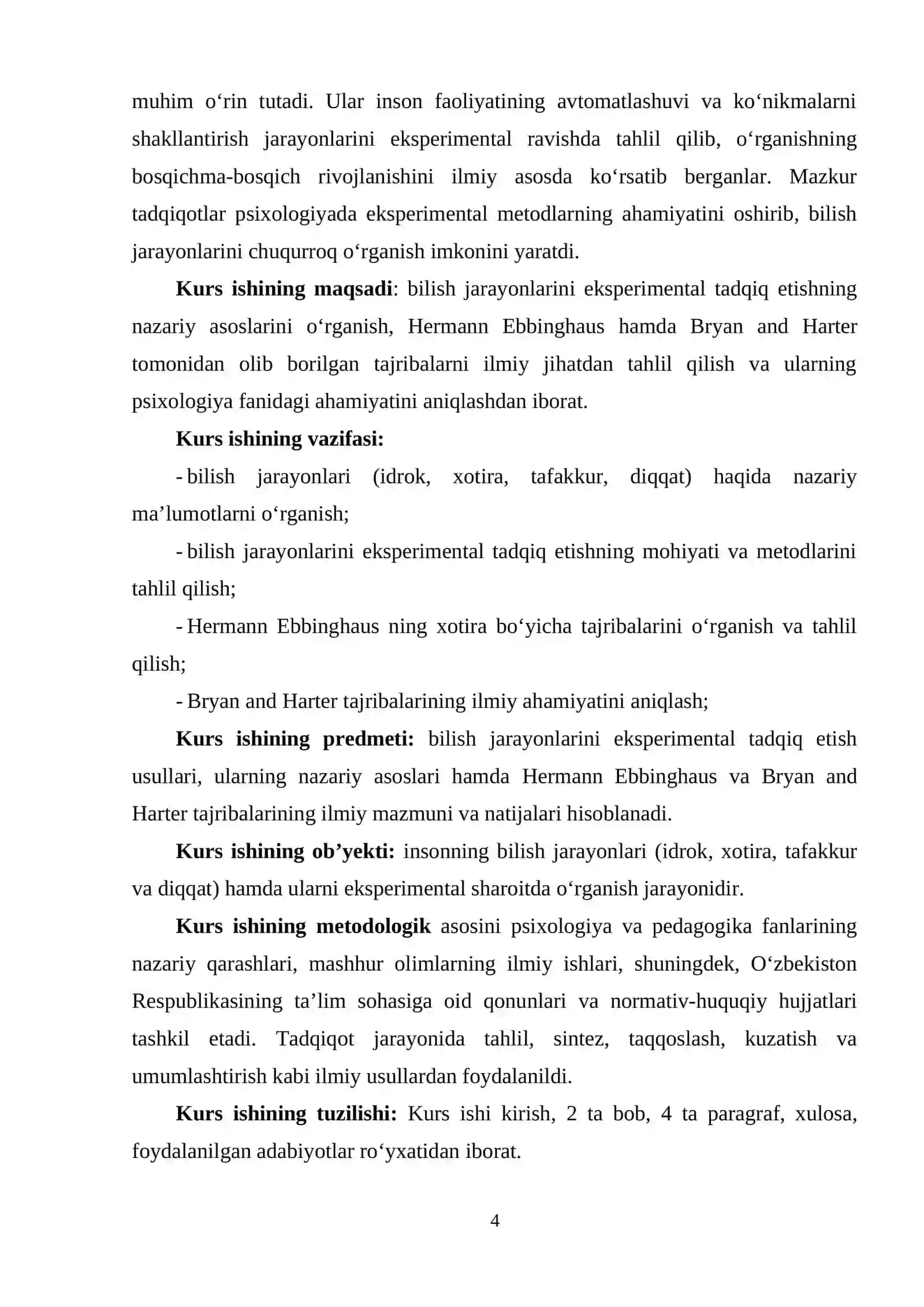 BILISH JARAYONLARINI EKSPERIMENTAL TADQIQ ETISH. EBBINGAUZ, BRAYYAN VA XARTER TAJRIBALARINING ILMIY TAHLILI. 4