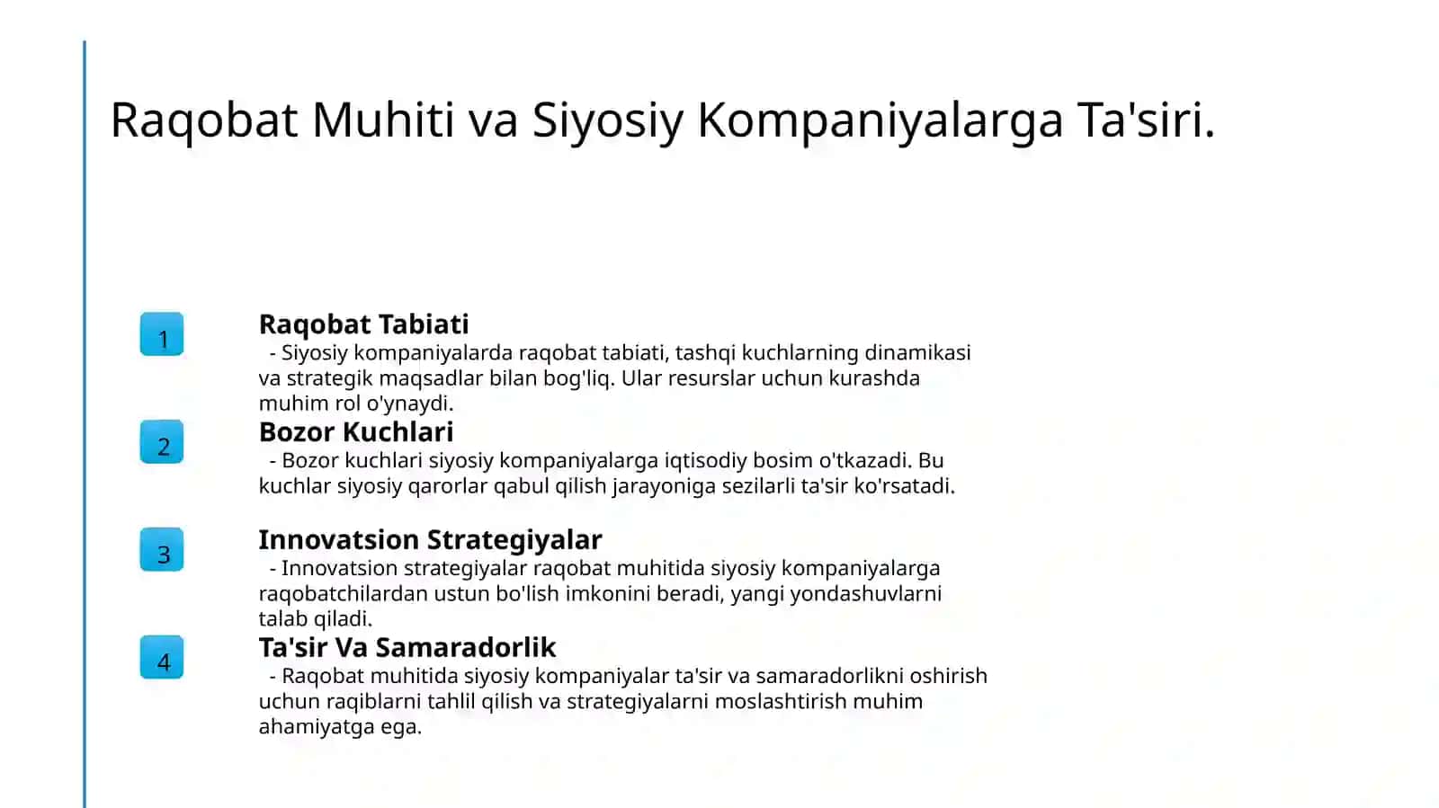 Siyosiy kompaniyaning tashqi muhiti,siyosiy kompaniyadagi boshqaruvi subyektlari 4