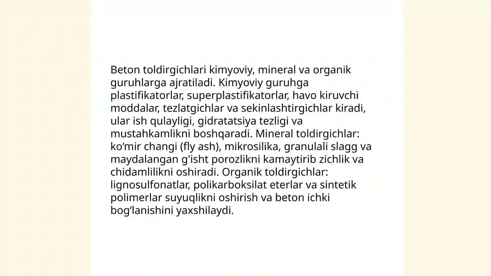 Beton toldirgichlarning asosiy xossalarni organish 4