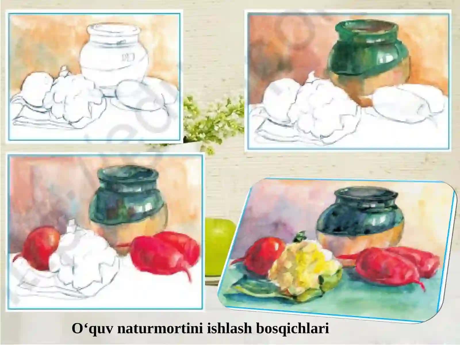 Rang-tuslari jihatidan qarama-qarshi (kontrast) buyumlar dan tashkil topgan naturmort nigrafi 4