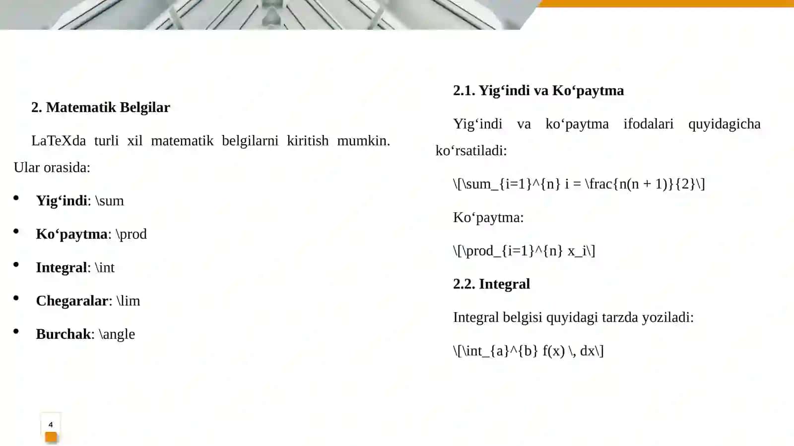 Orziyeva Sarvinoz LaTeX Dasturida Matematik Formulalar Bilan Ishlash 4