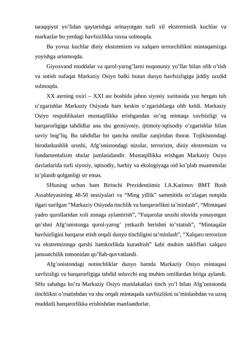Tinchlik va barqarorlikni ta'minlashdagi O'zbekistonning Markaziy Osiyoda o'rni 4