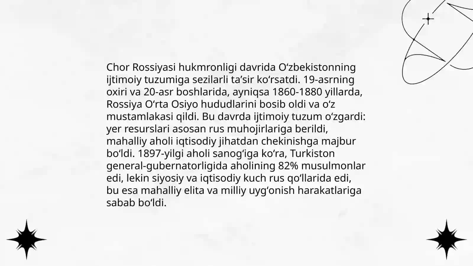 Rossiya imperiyasi va sovet hukumronligi davrida oʻlkadagi ijtimoiy-iqtisodiy siyosiy va maʼnaviy jarayonlar 4