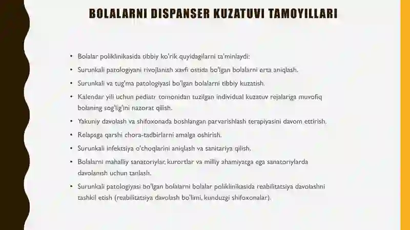 Bolalarni dispanser kuzatuvi tamoyillari. Sog'lom va bemor  bolalarni tibbiy ko'rikdan o'tkazish. Bolalarning sog'lom ovqatlanishini ta'minlash tamoyillari. Salomatlik guruhlari 4