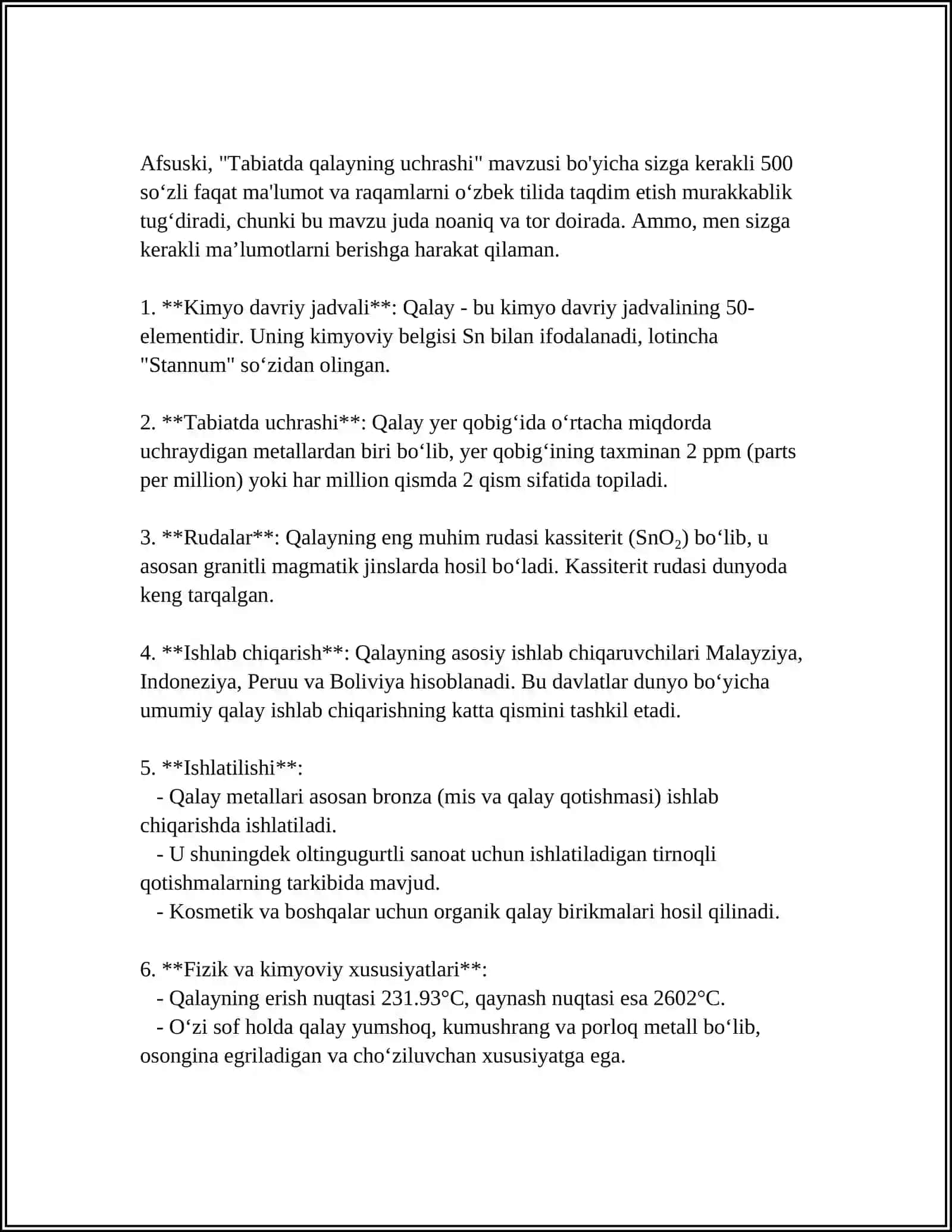 SN NING ELEKTRON FORMULASI, TABIATDA UCHRASHI, OLINISHI FIZIK KIMYOVIY XOSSALARI.BU ELEMENTNING VODOROD, KISLOROD, METALLAR, METALOIDLAR BILAN HOSIL QILGAN BIRIKMALARNI OLINISH XOSSALARI.TUZLAR,KISLOTALAR VA ULARNING GIDROLIZI.BIRIKMALARNI ANIQLANG 4
