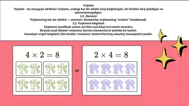 To'plamlar. To'plamlar tushunchasi. To'plamning elementlari. Bo‘sh to‘plam. Chekli va cheksiz to‘plamlarga misollar 4