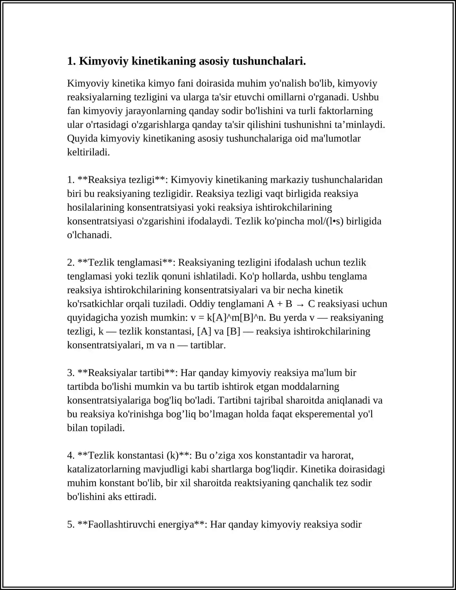 MUAMMOLI VAZIYATLARDA TAHLIL QILISH BO'YICHA KEYS:KIMYOVIY KINETIKANING KIMYOVIY TEXNOLOGIYADAGI AHAMIYATI 4
