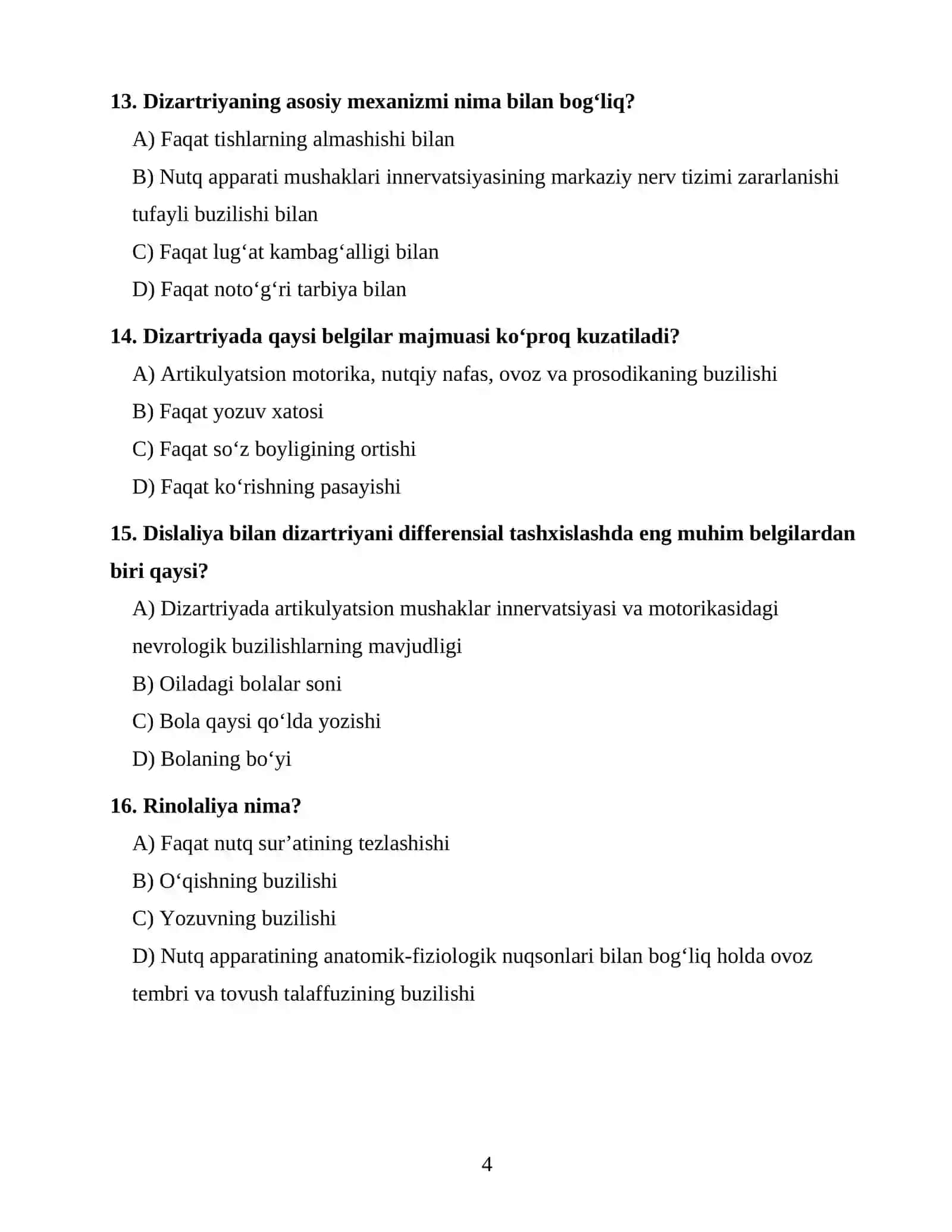 LOGOPEDIYA FANIDAN 100 TA TEST SAVOLI 4