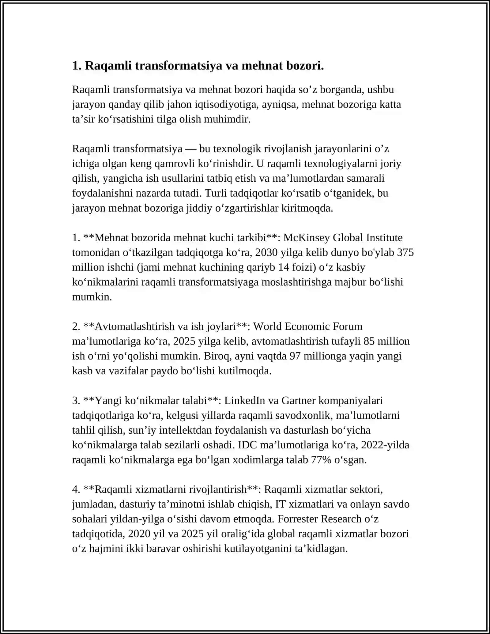 TO'RTINCHI SANOAT (SANOAT 4.0.) INQILOBI DAVRIDA MEHNAT BOZORINING O'ZGARISHI VA TEXNOLOGIK TUZILMADAGI O'ZGARISHLAR 4